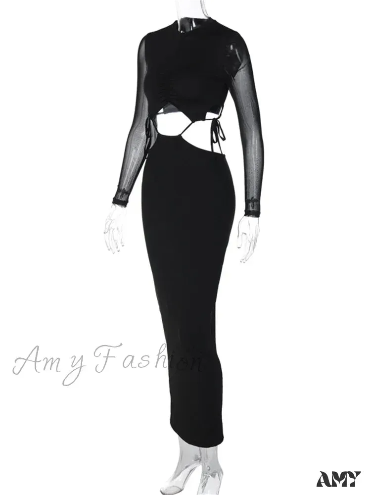 Amy Fashion - Elegant Women Mesh See Through  Sleeve O-Neck Waist Hollow Out Tie-up Cocktail Spring Autumn Vestidos