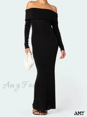 Amy Fashion - Elegant Women  Slash Neck Off Shoulder Bodycon Black Solid  Sleeve Party  Formal Female Vestidos