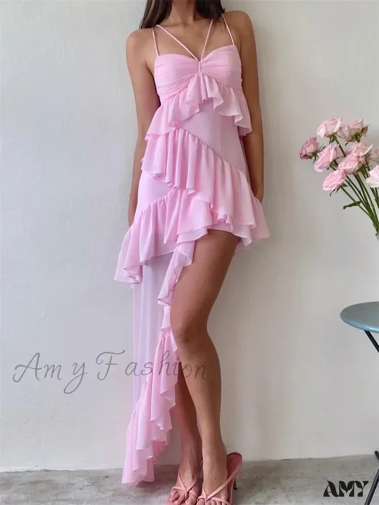Amy Fashion - Sexy Sleeveless Strap Sling  for Women V-neck Ruffles Hem Y2K Off Shoulder High Split Party Vestidos