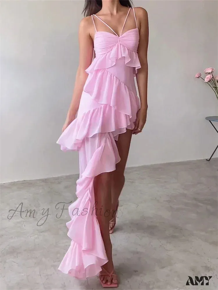 Amy Fashion - Sexy Sleeveless Strap Sling  for Women V-neck Ruffles Hem Y2K Off Shoulder High Split Party Vestidos