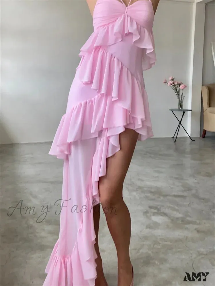 Amy Fashion - Sexy Sleeveless Strap Sling  for Women V-neck Ruffles Hem Y2K Off Shoulder High Split Party Vestidos