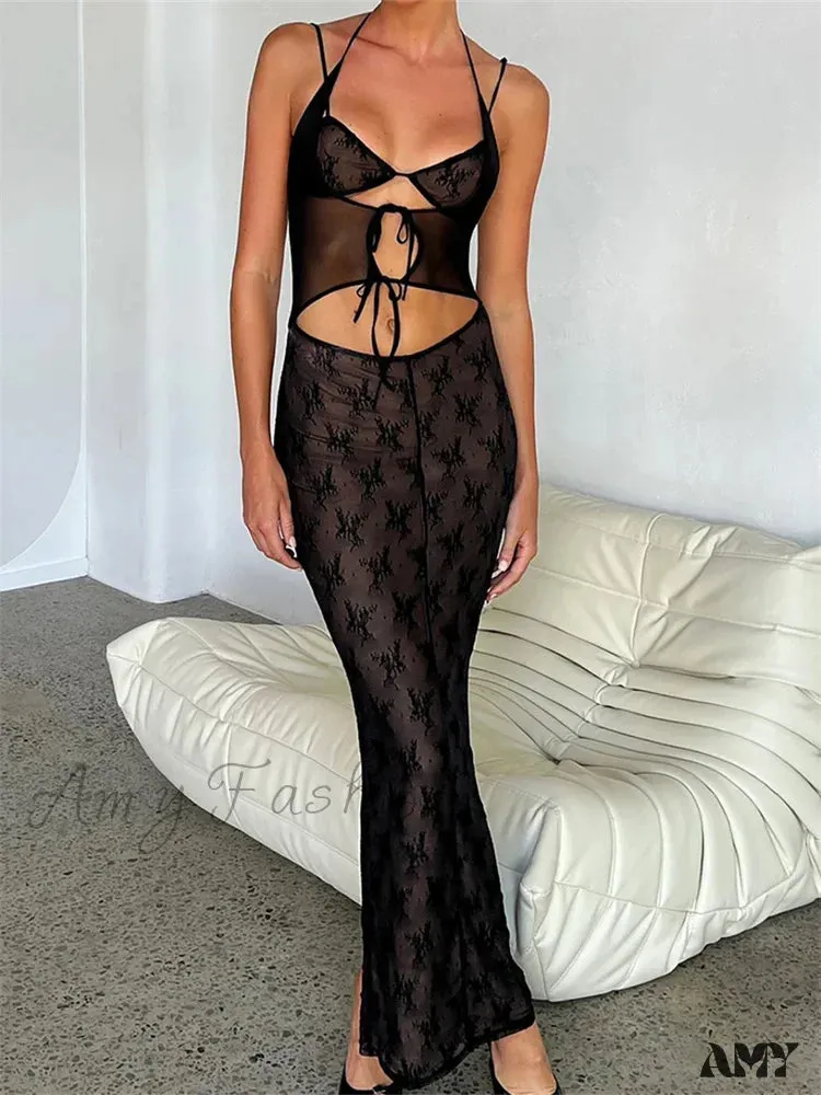 Amy Fashion - Sexy Women Lace Sleeveless Strap Sling Party Club Mesh See Through Hollow Out Slim Fit  Vestidos