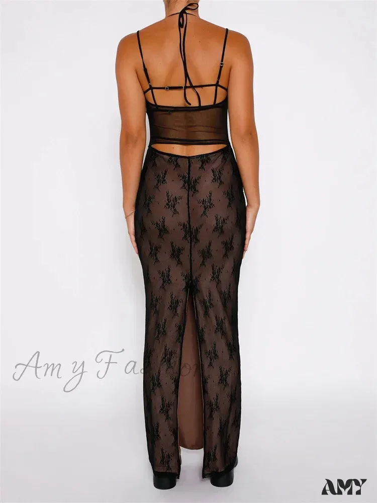 Amy Fashion - Sexy Women Lace Sleeveless Strap Sling Party Club Mesh See Through Hollow Out Slim Fit  Vestidos