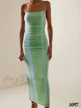 Amy Fashion - Tie Dyeing Print Mesh  Women Sleeveless Strap Square Neck Slim Fit Sling Summer Female Vestidos