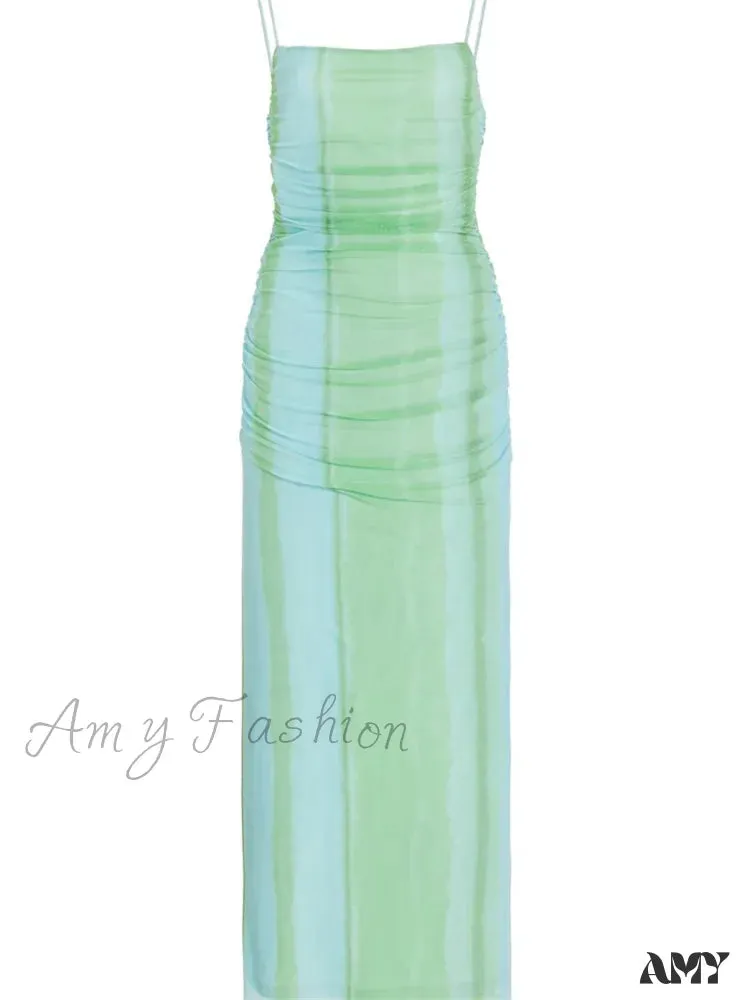 Amy Fashion - Tie Dyeing Print Mesh  Women Sleeveless Strap Square Neck Slim Fit Sling Summer Female Vestidos