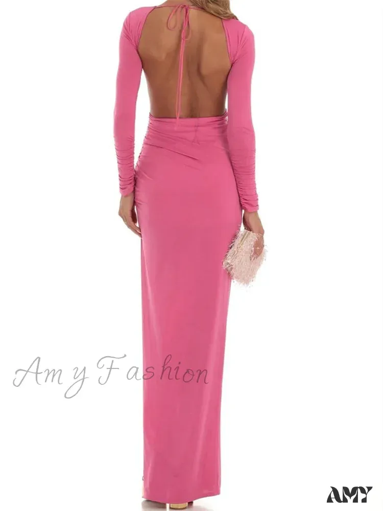 Amy Fashion - Women Evening Party  Solid  Sleeve Cutout Backless Tie-up High Split Slim Formal Female Vestidos