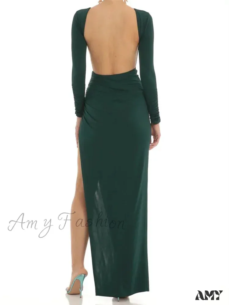 Amy Fashion - Women Evening Party  Solid  Sleeve Cutout Backless Tie-up High Split Slim Formal Female Vestidos