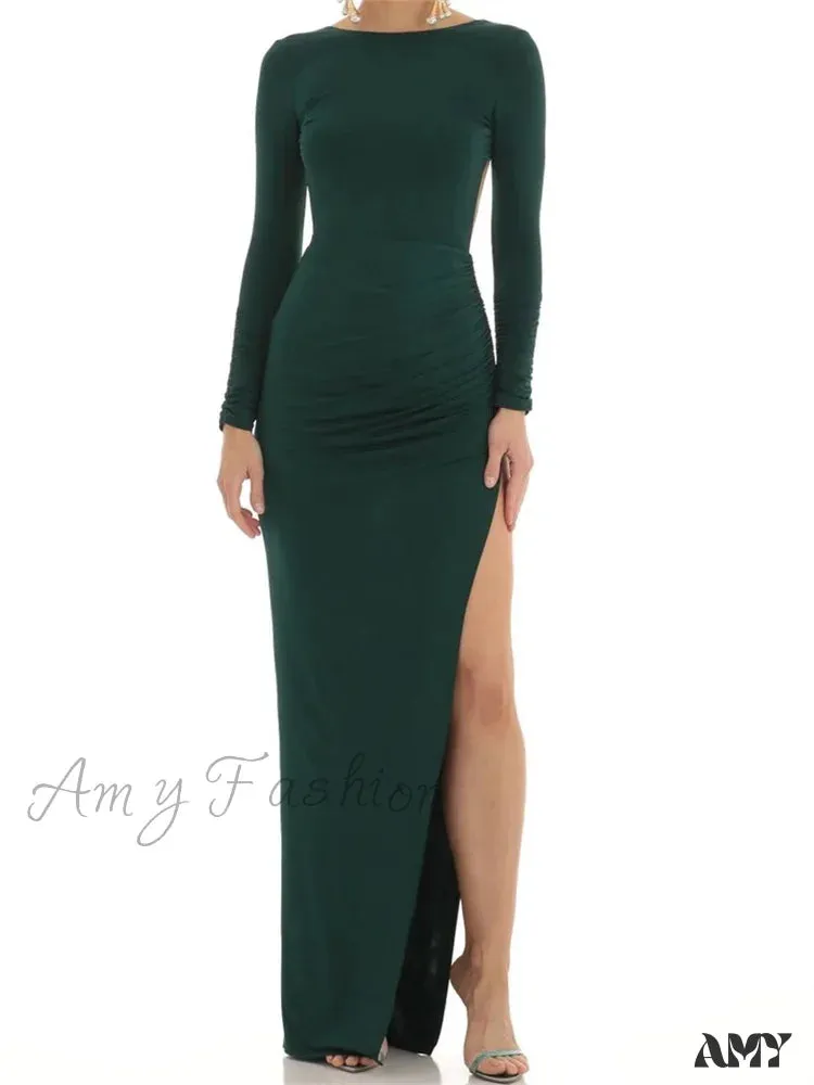 Amy Fashion - Women Evening Party  Solid  Sleeve Cutout Backless Tie-up High Split Slim Formal Female Vestidos
