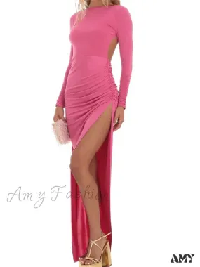 Amy Fashion - Women Evening Party  Solid  Sleeve Cutout Backless Tie-up High Split Slim Formal Female Vestidos
