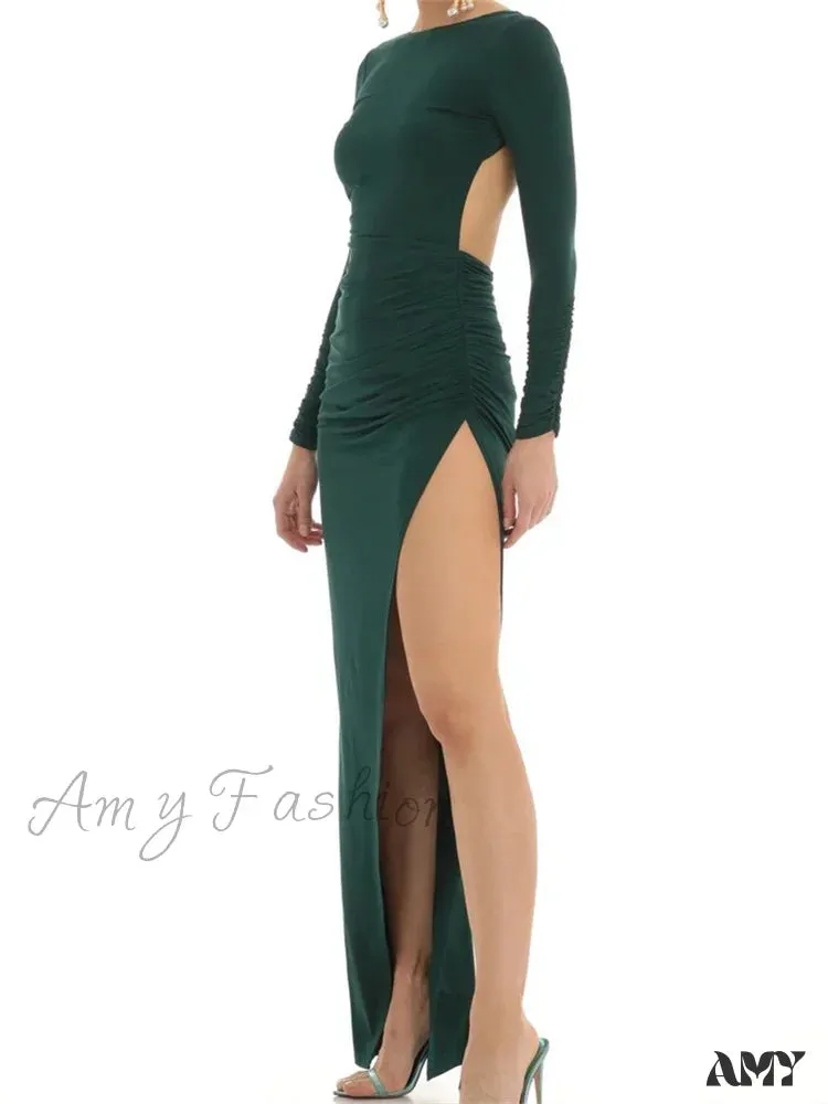 Amy Fashion - Women Evening Party  Solid  Sleeve Cutout Backless Tie-up High Split Slim Formal Female Vestidos