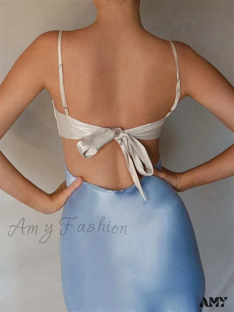 Amy Fashion - Women Slim  Adjustable Strap Back Tie-up High Waist Low Cut Contrast Color Wedding Party Club Vestido