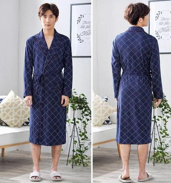 Autumn Men Cotton Robe 2019 New Kimono Bathrobe Gown Fashion Plaid Long Sleeve Sleepwear Nightgown Loose Robes Plus Size 3XL