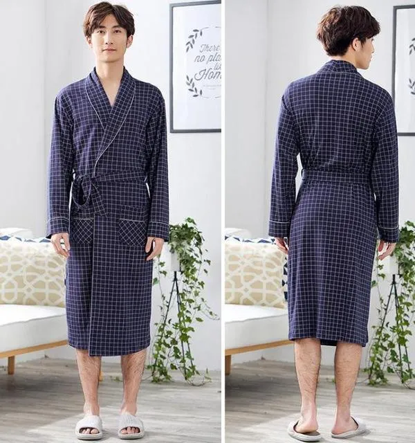 Autumn Men Cotton Robe 2019 New Kimono Bathrobe Gown Fashion Plaid Long Sleeve Sleepwear Nightgown Loose Robes Plus Size 3XL
