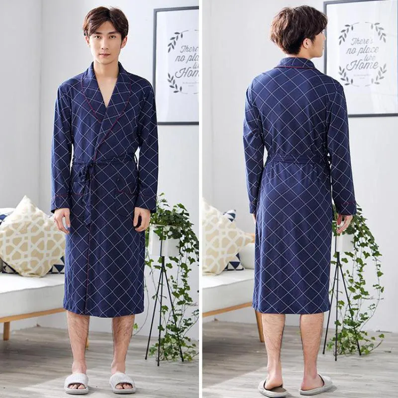 Autumn Men Cotton Robe 2019 New Kimono Bathrobe Gown Fashion Plaid Long Sleeve Sleepwear Nightgown Loose Robes Plus Size 3XL