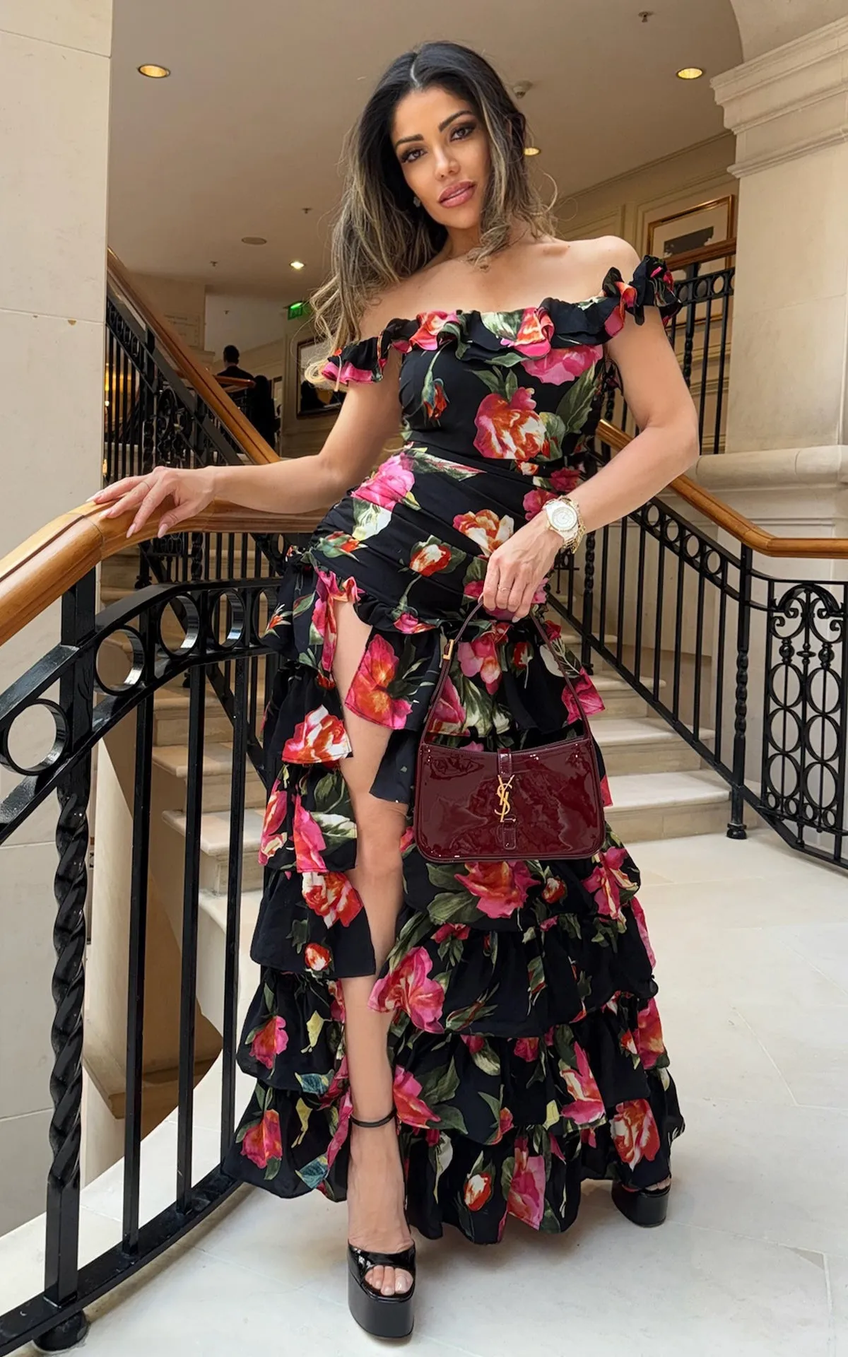 Belssima Black Cold Shoulder & Thigh Slit Ruffled Floral Print Summer Dress