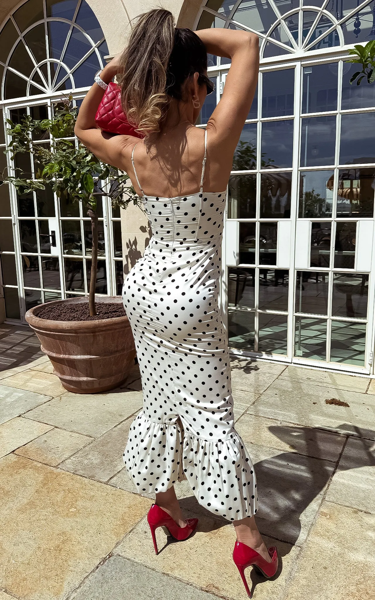Dots Society Satin Polka Dot Print Bustier Mermaid Style Midi Dress