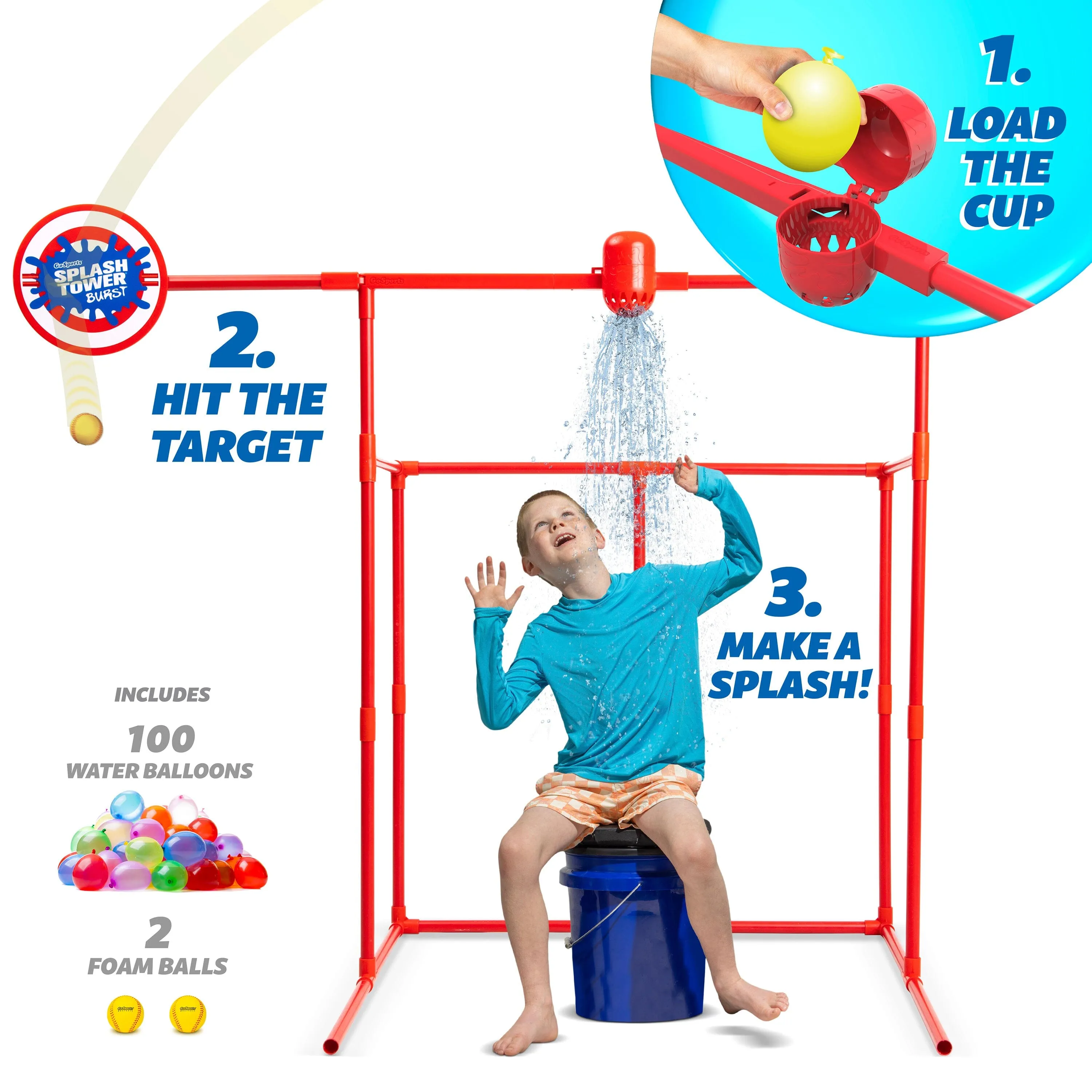 GoSports Backyard Water Toy Game for Kids & Adults - Splash Tower Burst Water Balloon Dunk Tank