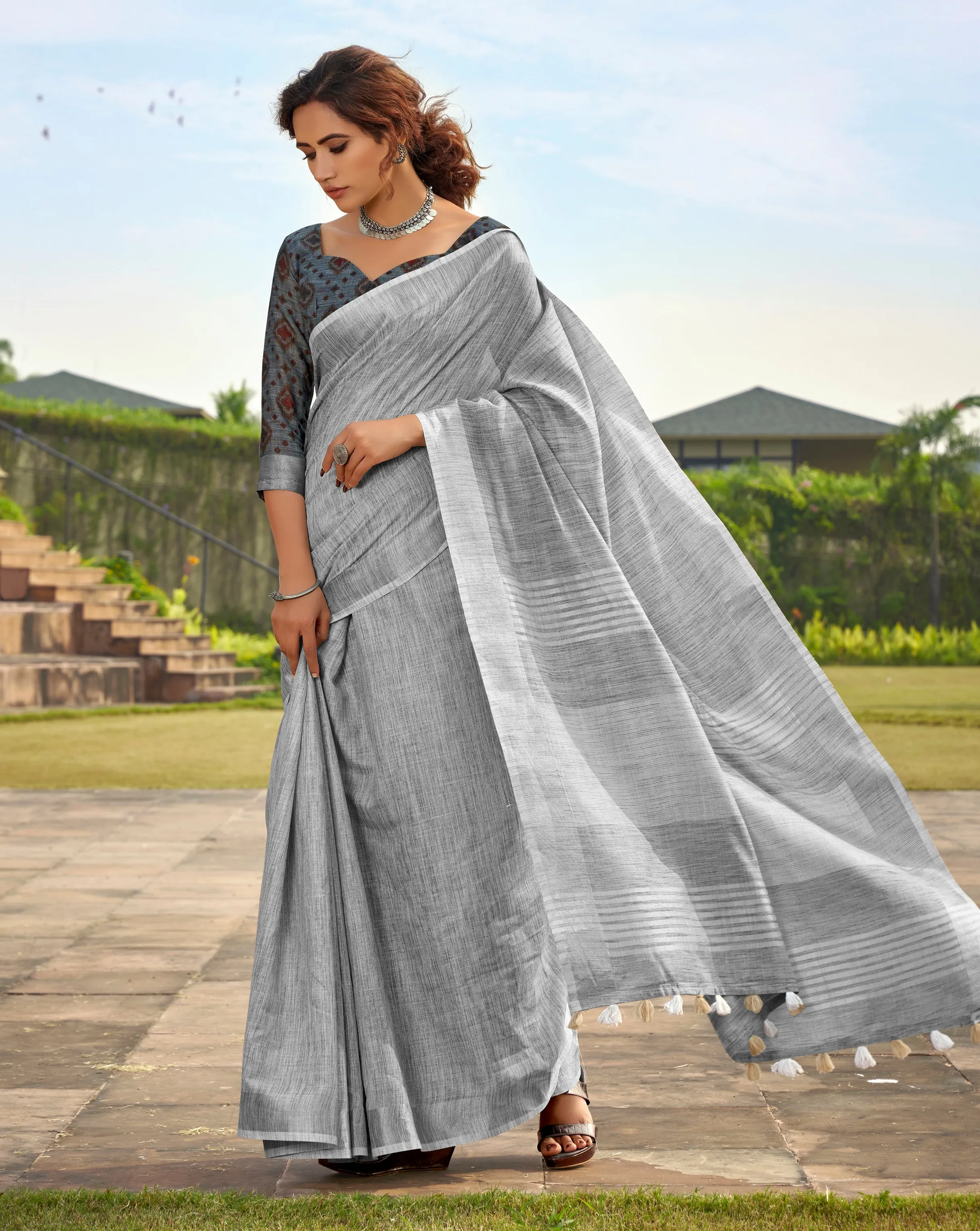 Grey Linen Office Wear Readymade/Easy Saree