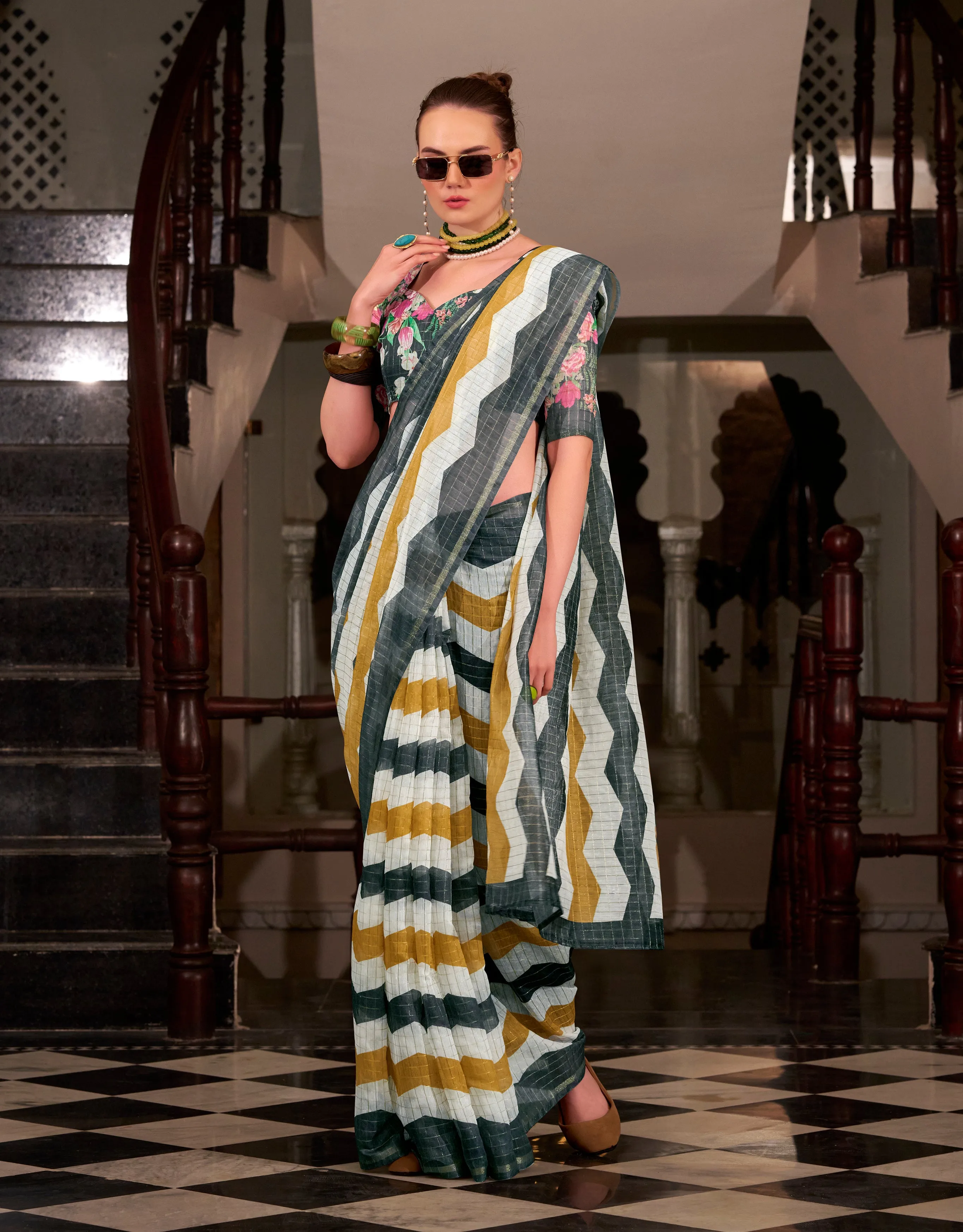 Grey Silk Cotton Office Wear Readymade/Easy Saree