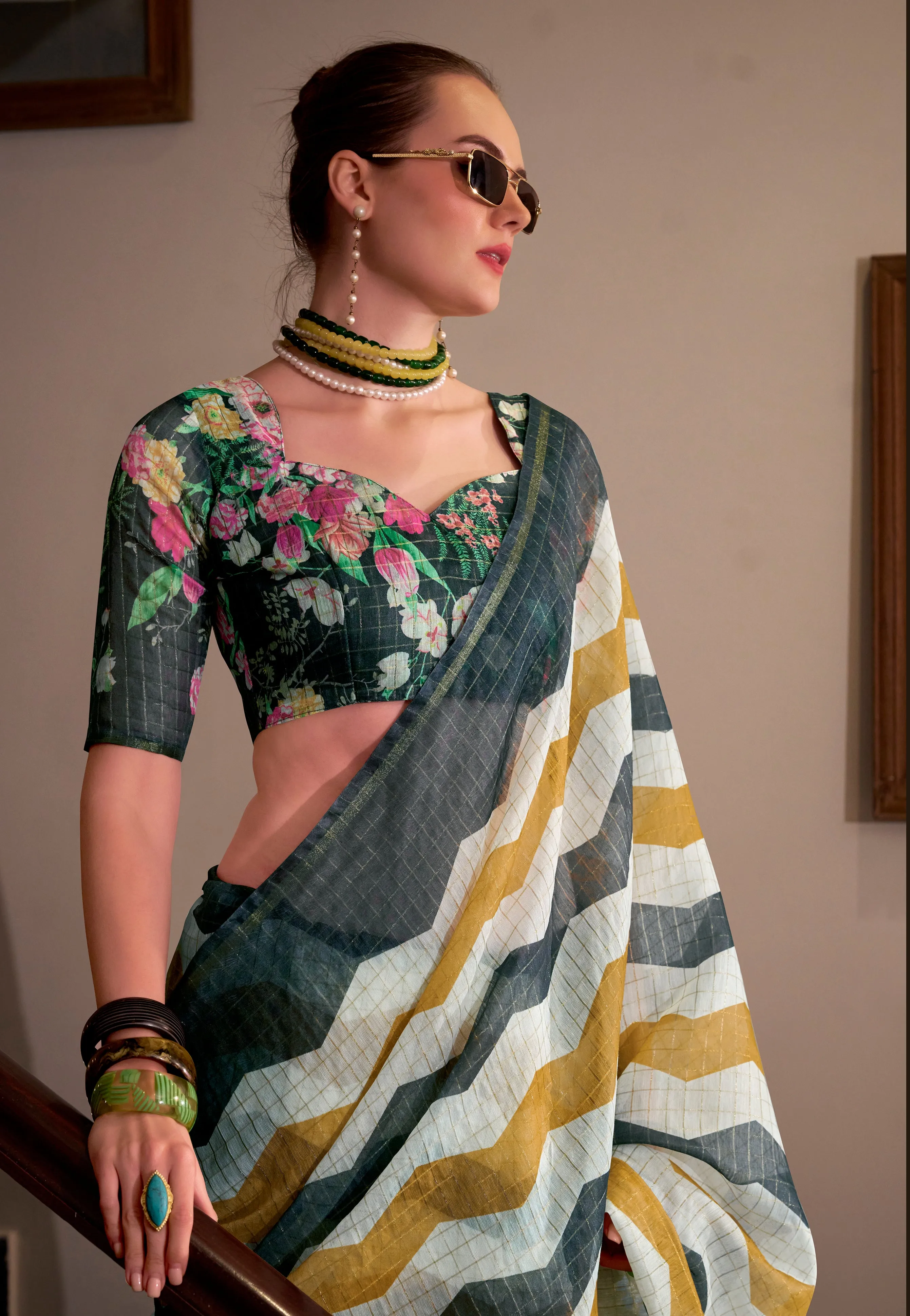 Grey Silk Cotton Office Wear Readymade/Easy Saree
