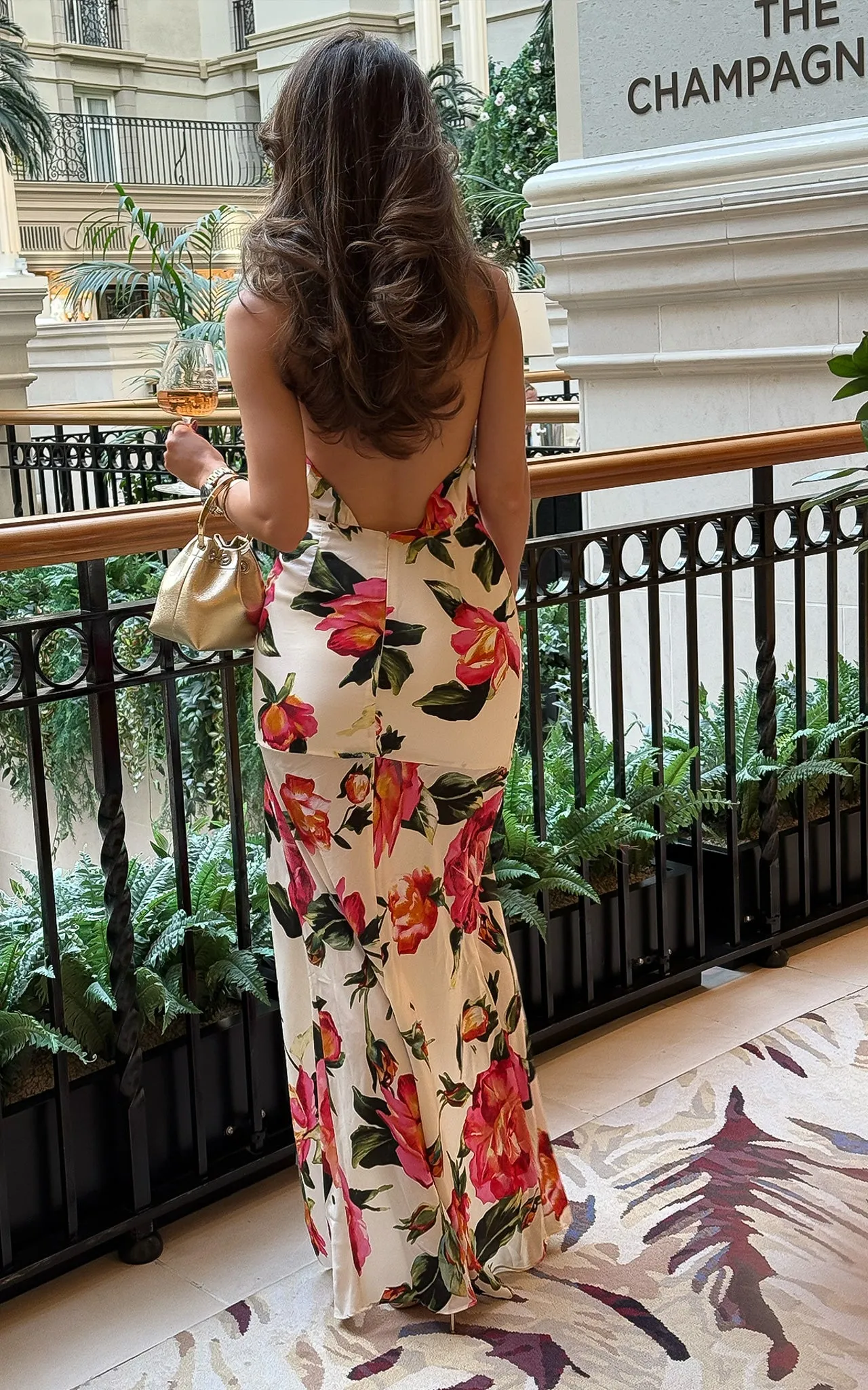 Hermosa Floral Print Rose HalterNeck Design Low Back Ruffled Thigh High Slit Maxi Dress