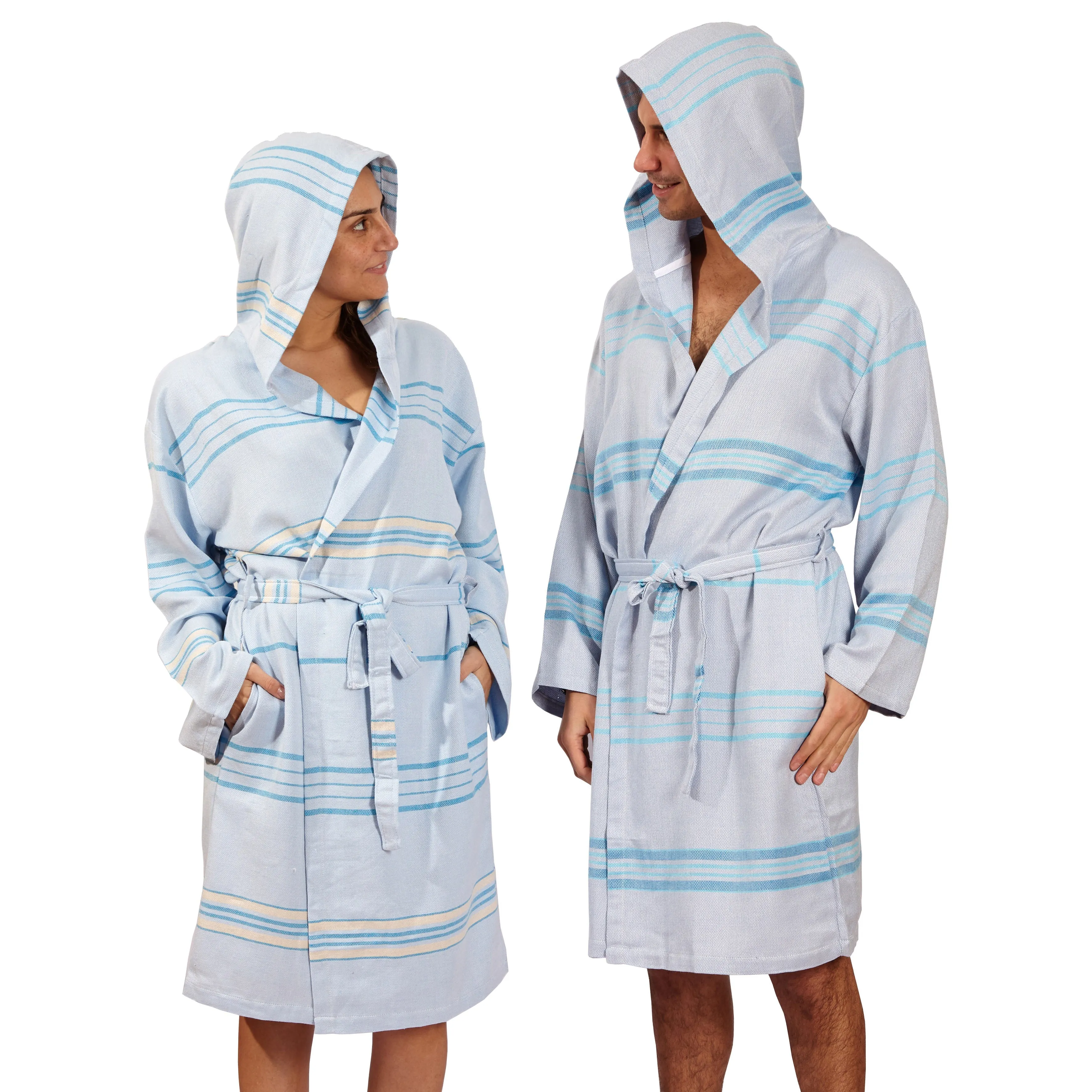 Hilana Upcycled Cotton Antalya Unisex Sustainable Striped Bathrobe - Beige