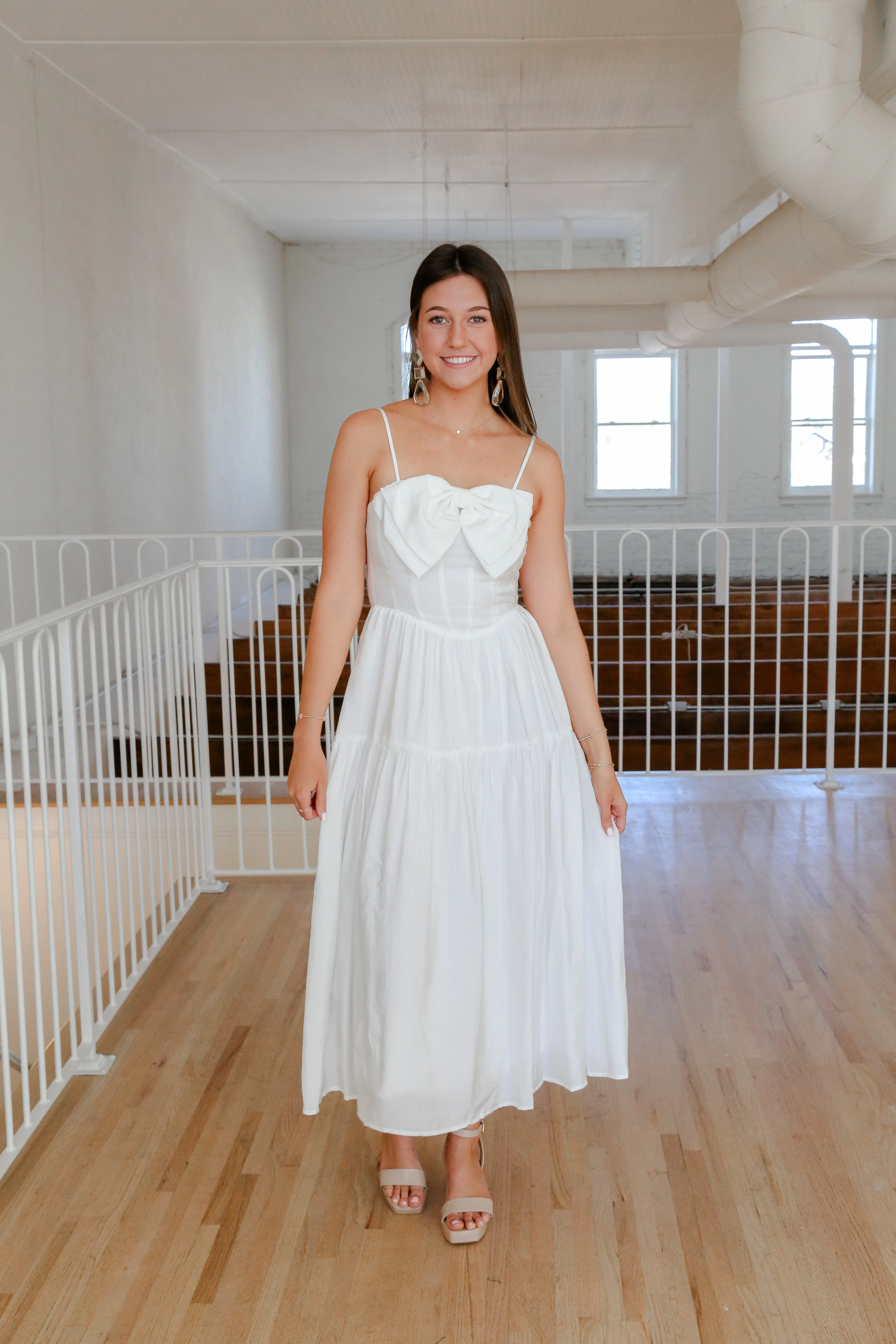 Into The Moment Bow Ruffled Midi Dress