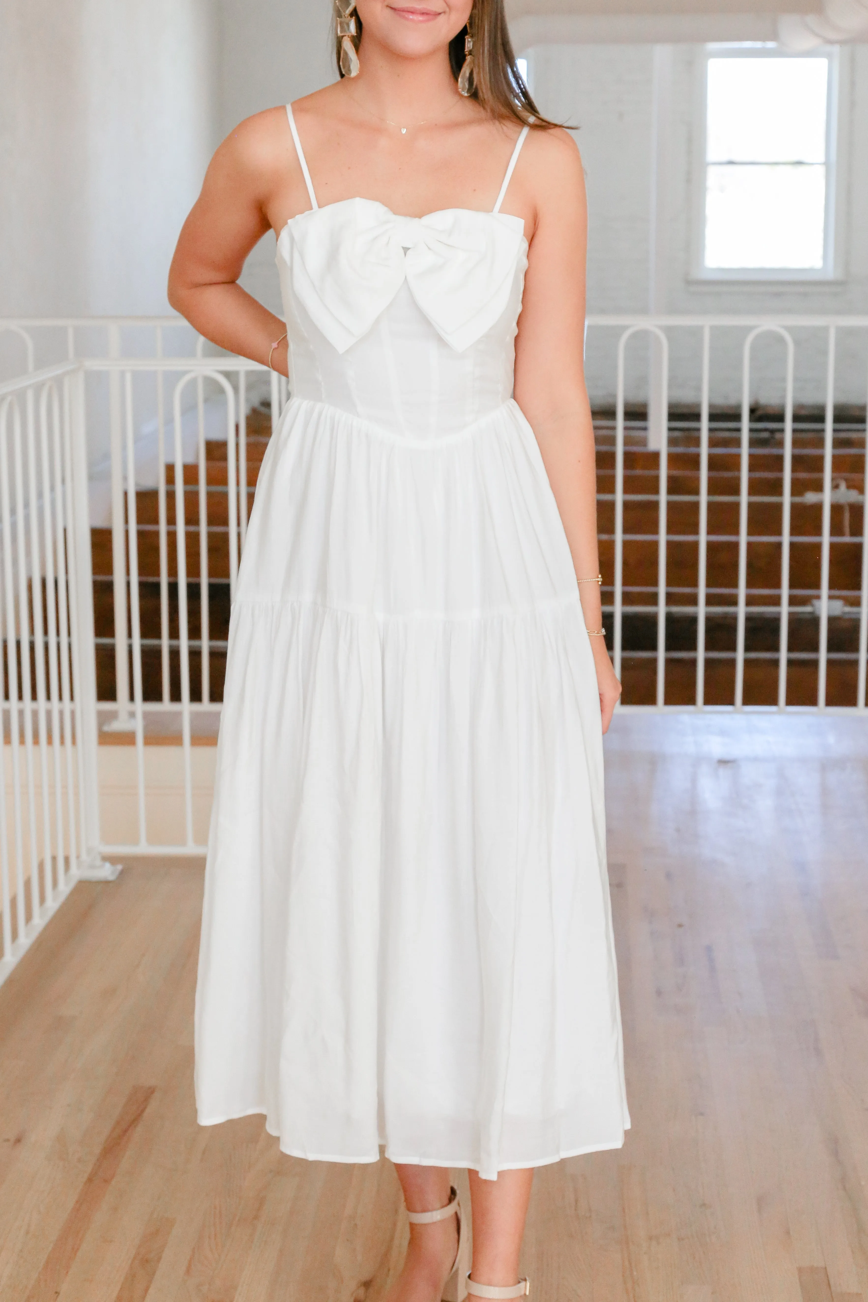 Into The Moment Bow Ruffled Midi Dress