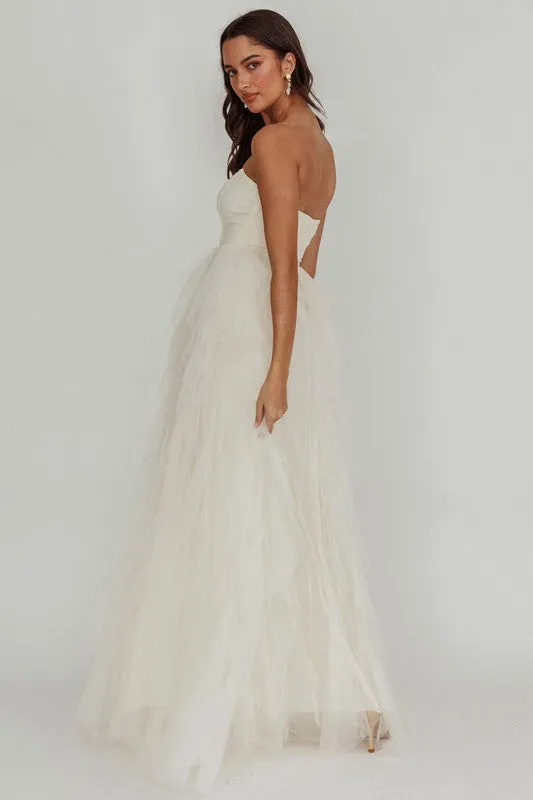 Ivory Strapless Tulle Maxi Dress