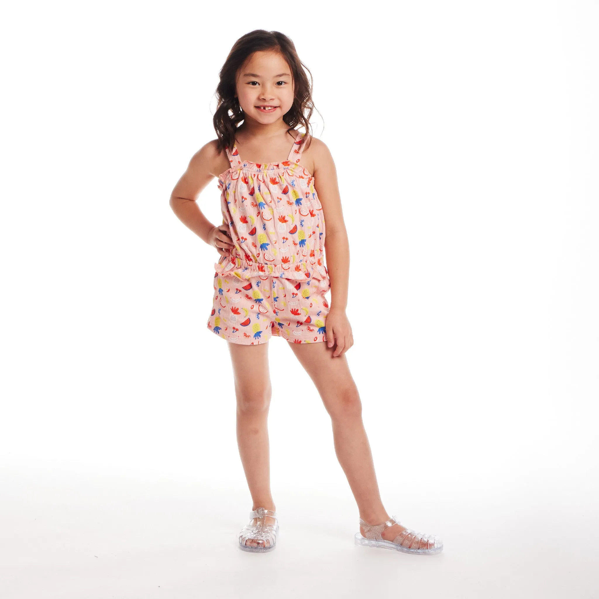 Kids (2-6) Ruffle Tank & Short Set | Pink Fruit Print