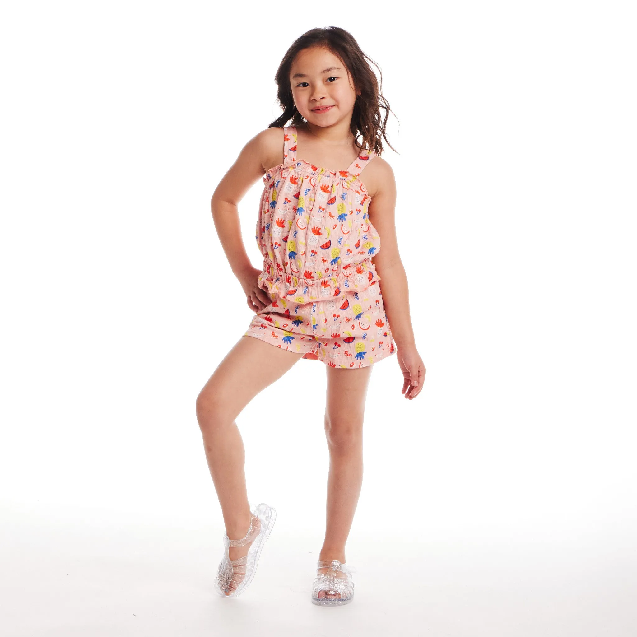 Kids (2-6) Ruffle Tank & Short Set | Pink Fruit Print