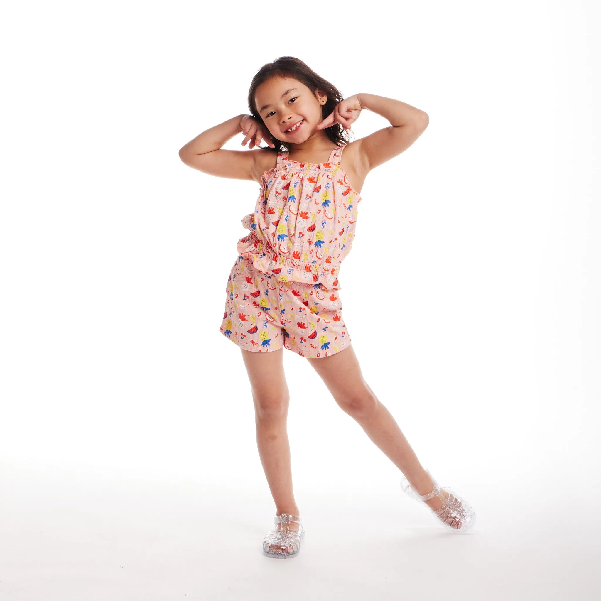 Kids (2-6) Ruffle Tank & Short Set | Pink Fruit Print