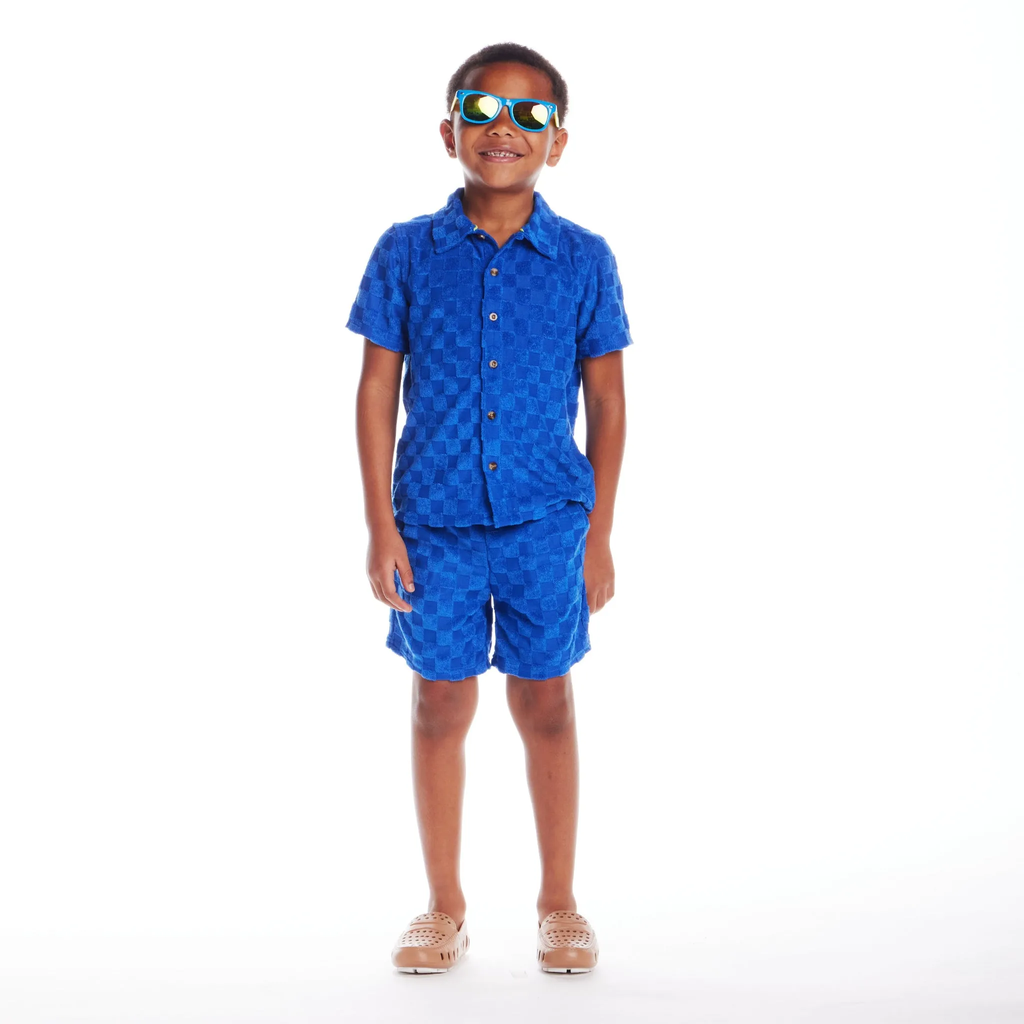 Kids (2-8) Textured Terry Shirt & Short Set | Blue Check