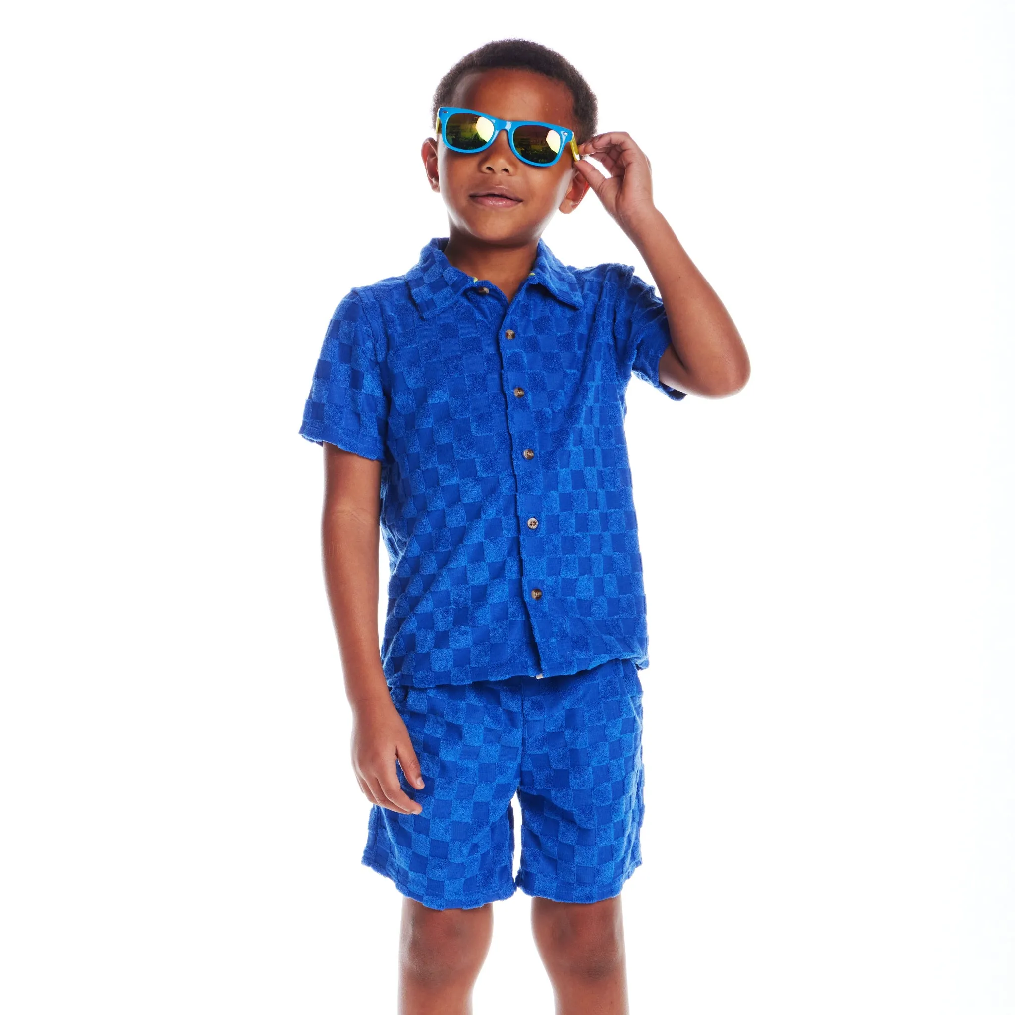 Kids (2-8) Textured Terry Shirt & Short Set | Blue Check