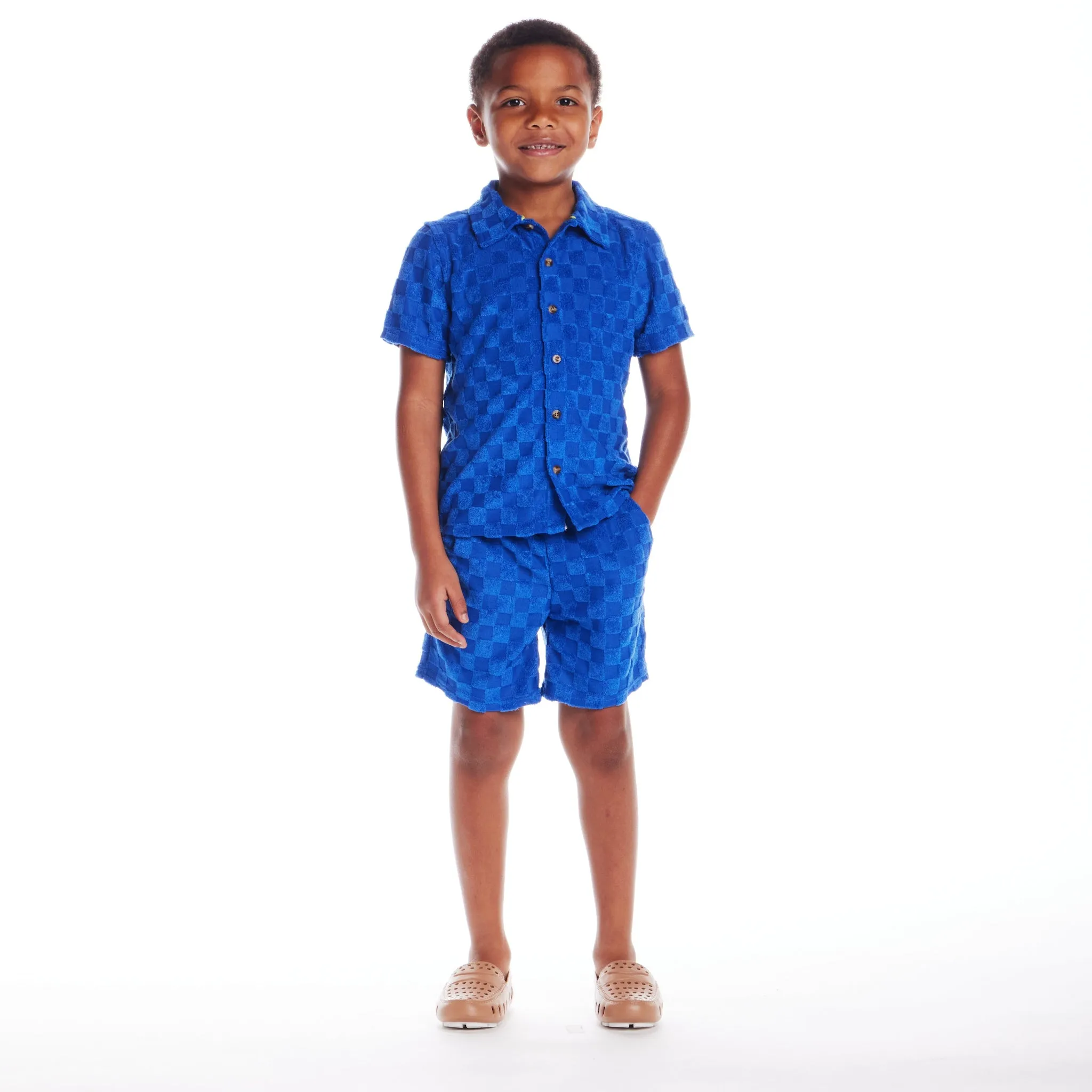 Kids (2-8) Textured Terry Shirt & Short Set | Blue Check