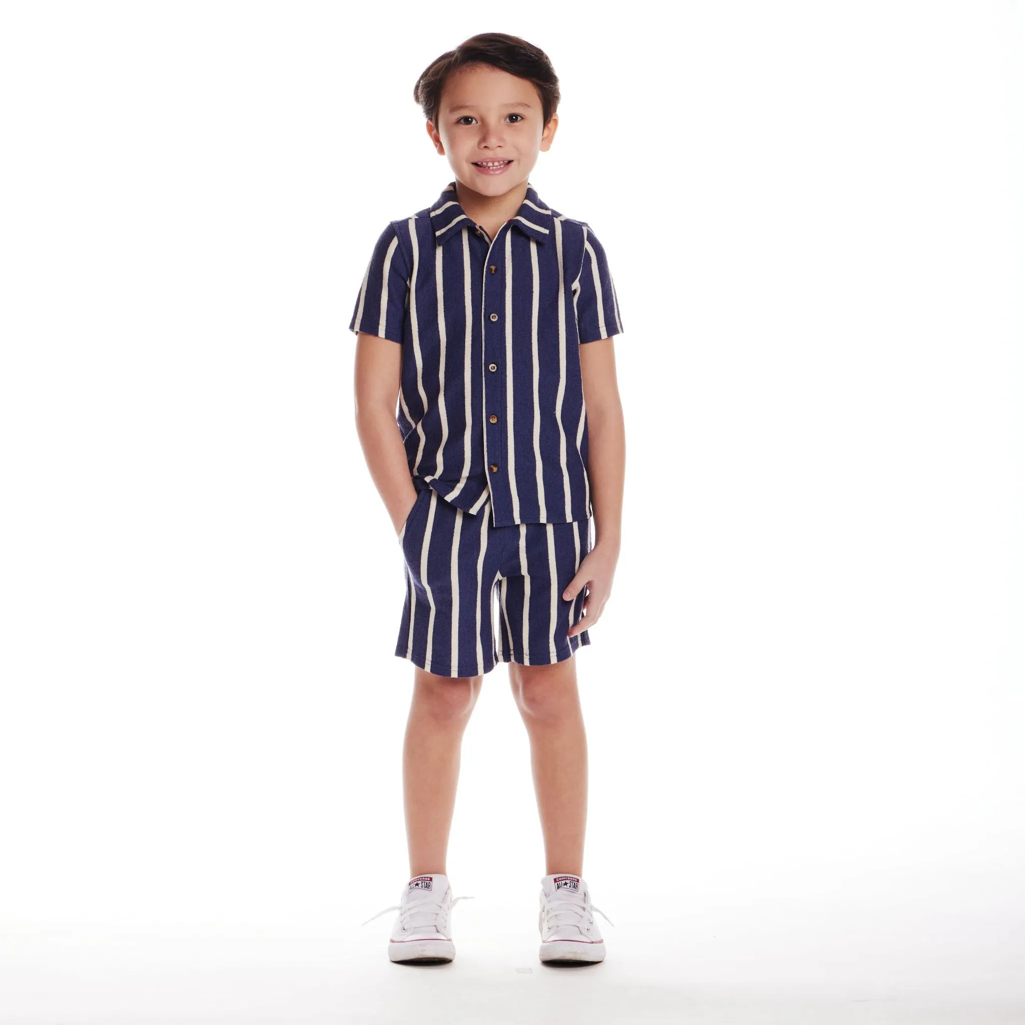 Kids (2-8) Textured Terry Shirt & Short Set | Navy Stripe