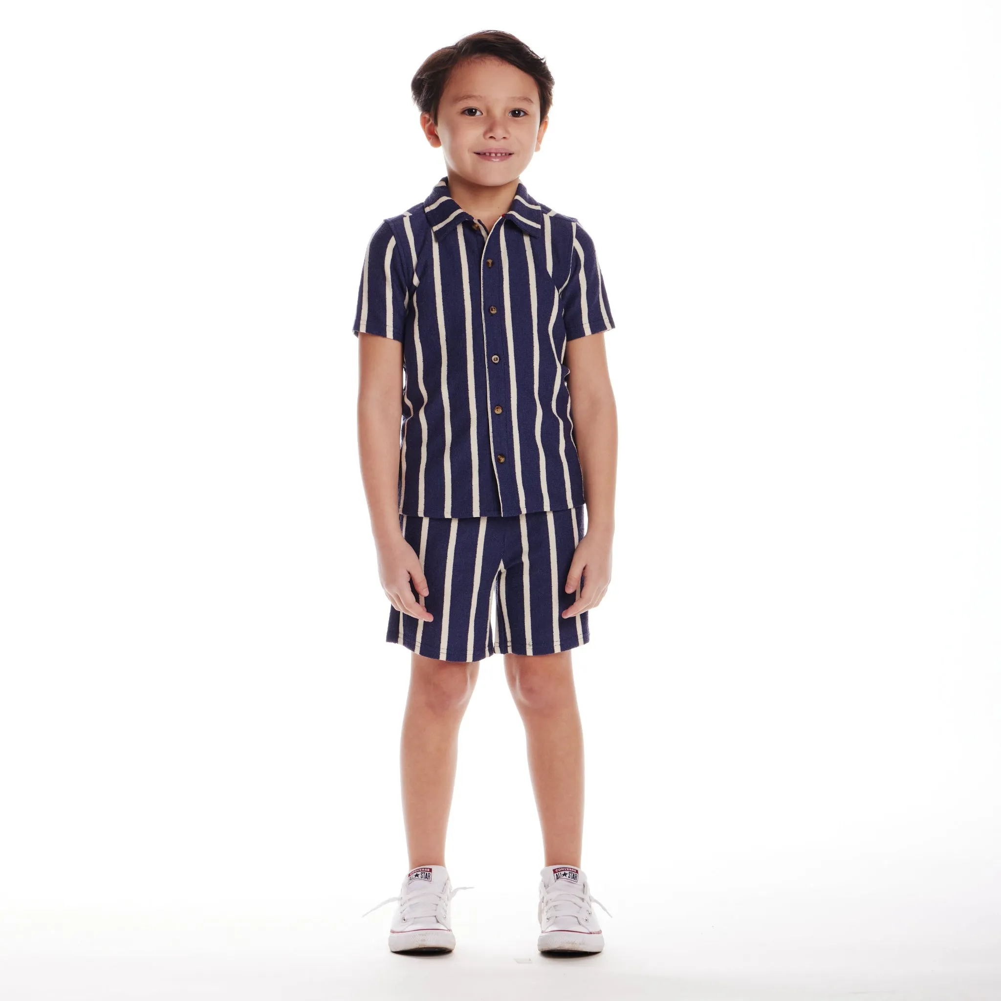 Kids (2-8) Textured Terry Shirt & Short Set | Navy Stripe