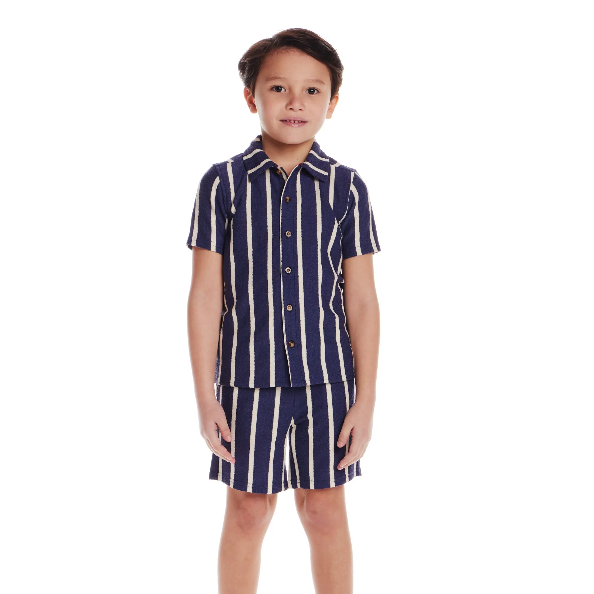 Kids (2-8) Textured Terry Shirt & Short Set | Navy Stripe