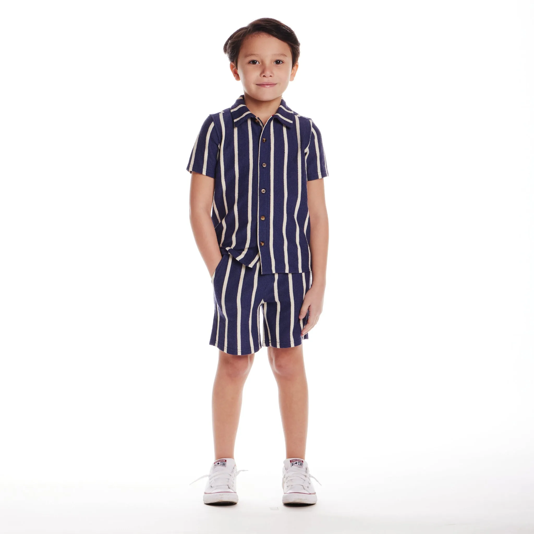 Kids (2-8) Textured Terry Shirt & Short Set | Navy Stripe