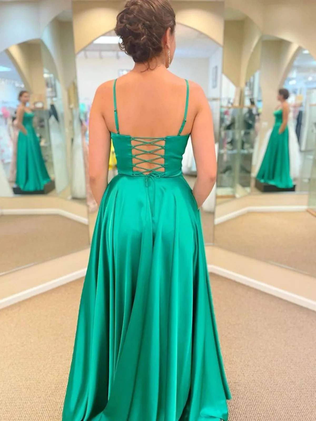 Long A-line Satin Prom Dress with Pockets Green Formal Graduation Evening Dresses with Slit