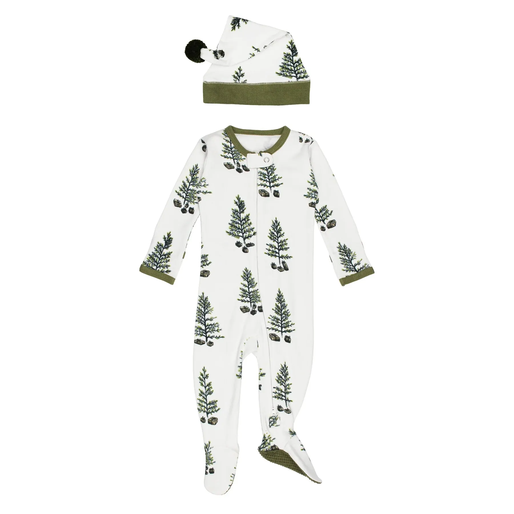 Organic Holiday 2-Way Zipper Footie & Cap Set in Under The Tree