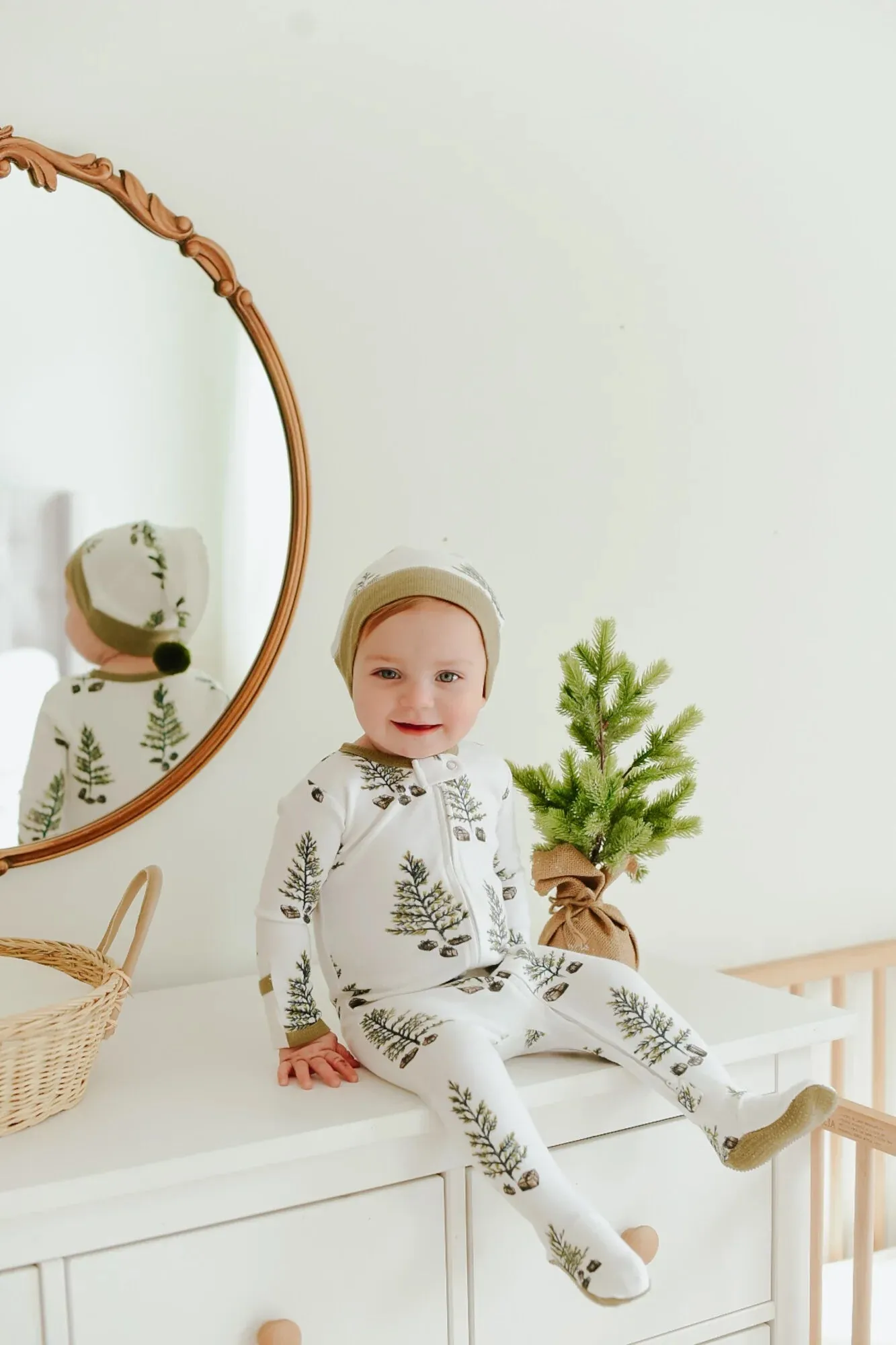 Organic Holiday 2-Way Zipper Footie & Cap Set in Under The Tree