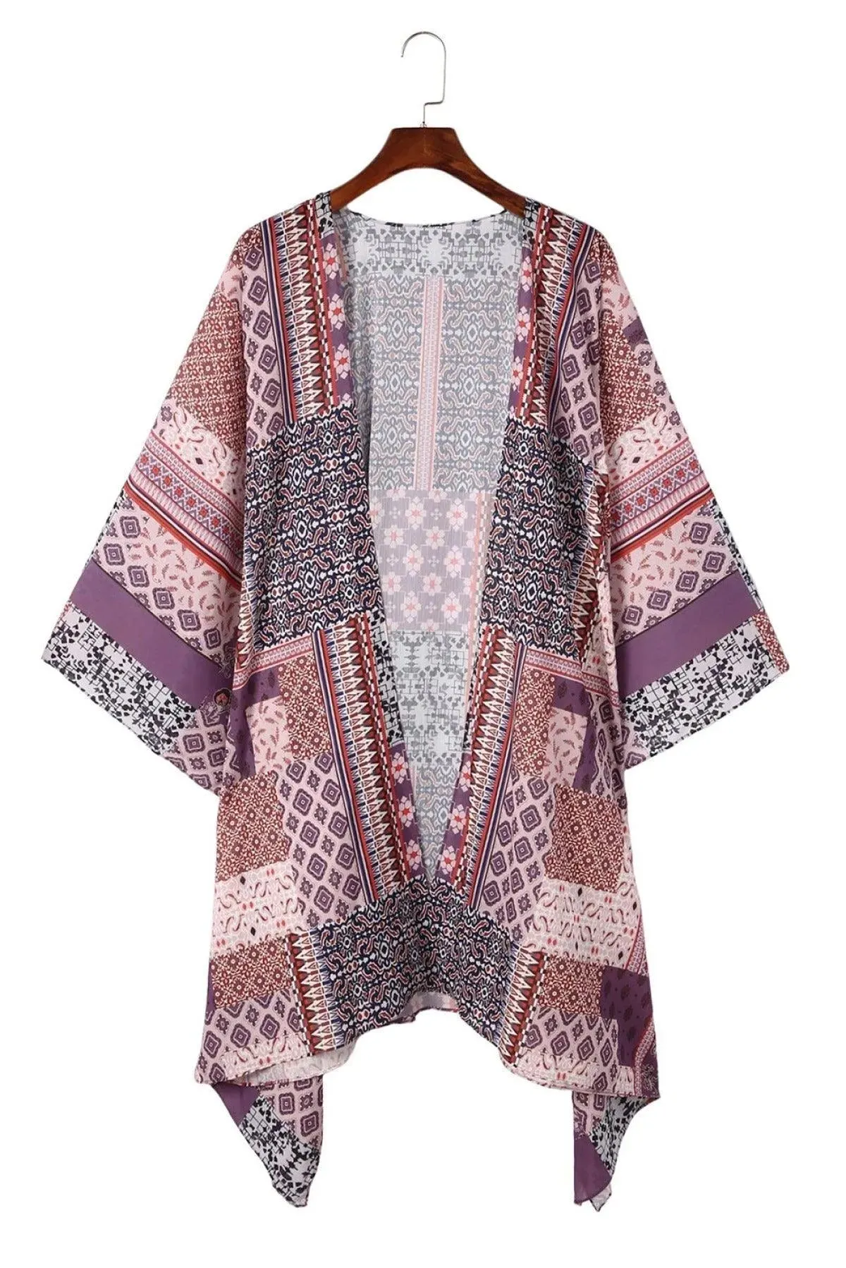 Pink Geometric Print Open Front Kimono
