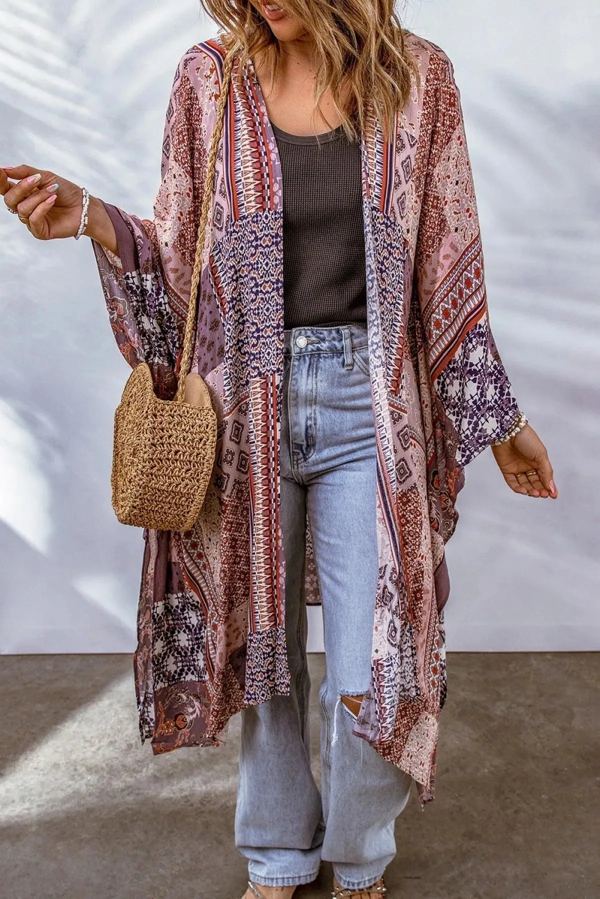 Pink Geometric Print Open Front Kimono