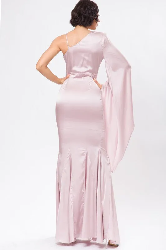 Pink Solid Satin One Shoulder Deep V-Neck Maxi Dress