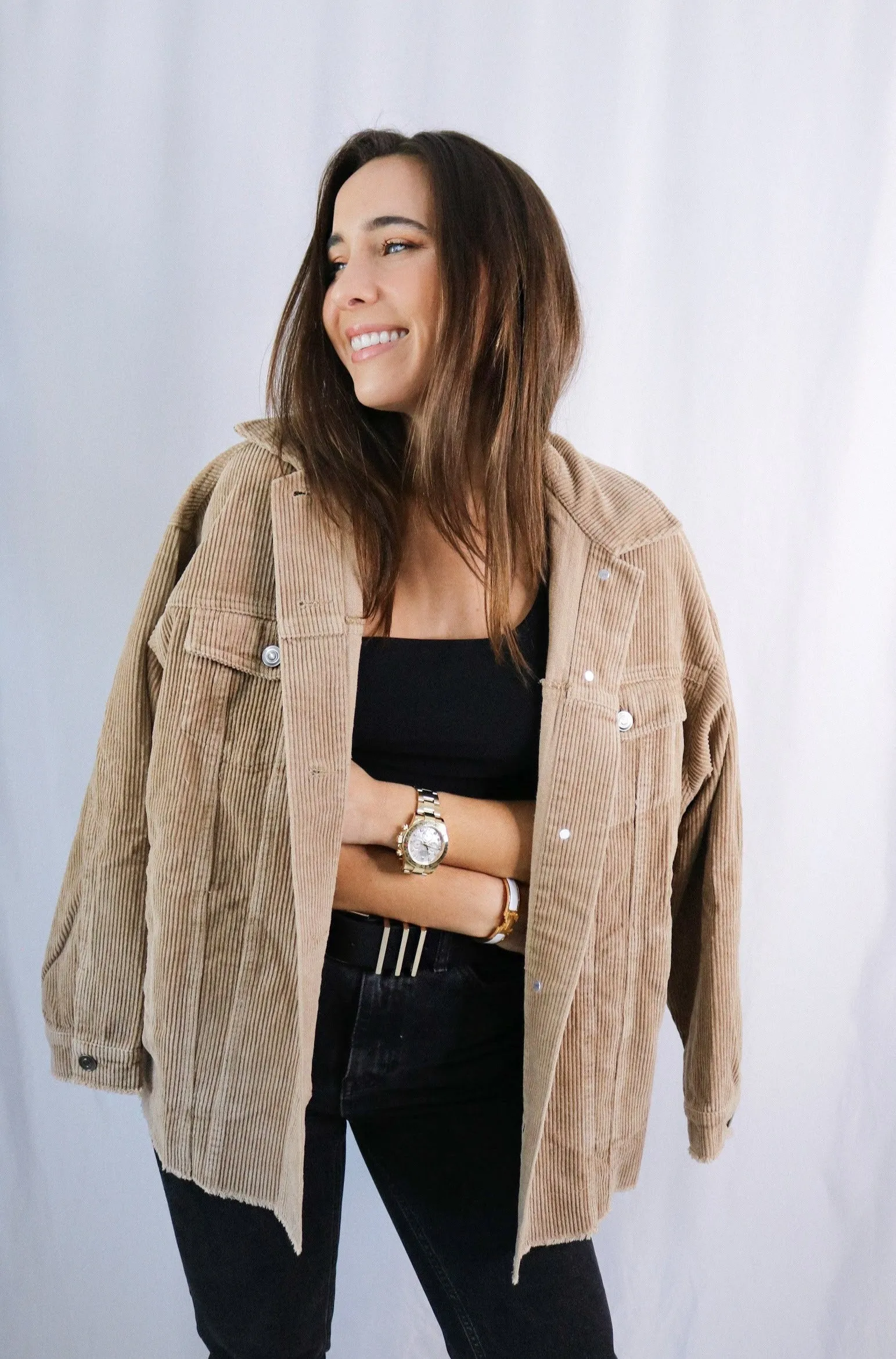 'Savannah' Buttoned Corduroy Jacket in Tan