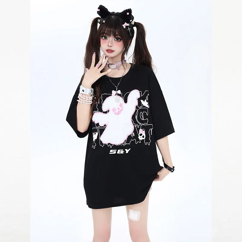Sweet Cool Girly Style Flocked Little Ghost Embroidered T-shirt