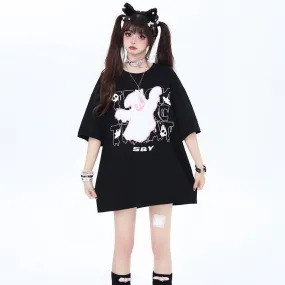 Sweet Cool Girly Style Flocked Little Ghost Embroidered T-shirt