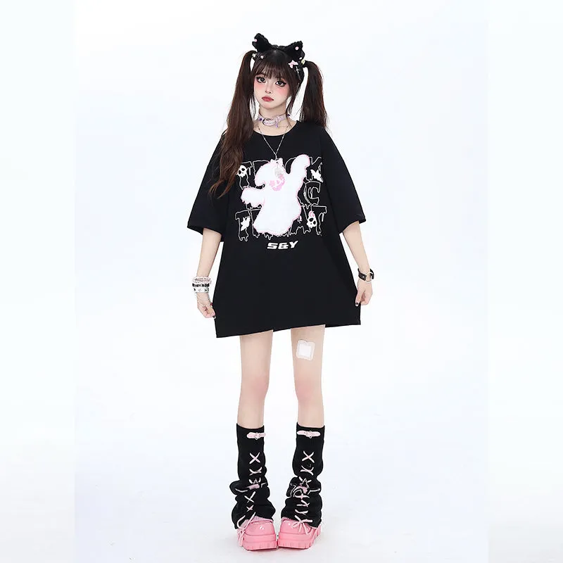 Sweet Cool Girly Style Flocked Little Ghost Embroidered T-shirt