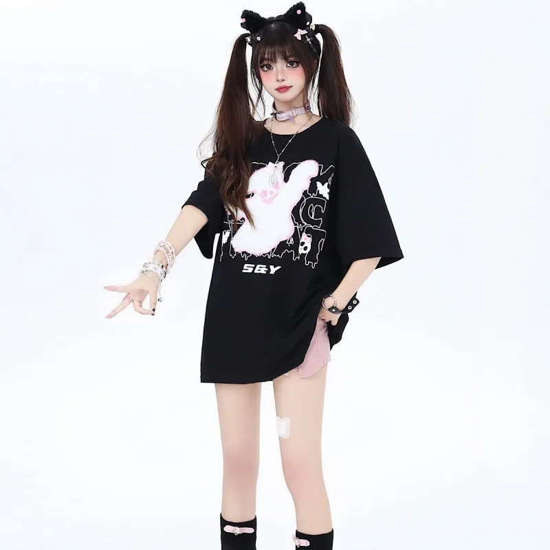 Sweet Cool Girly Style Flocked Little Ghost Embroidered T-shirt